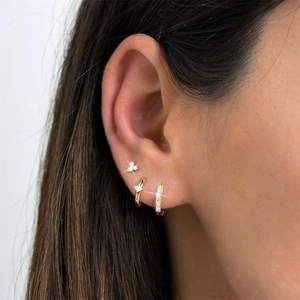 Close-up of gold s925 silver earring set featuring crystal studs and hoop earrings