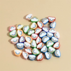 Detailed view of 10mm colorful polymer clay rainbow and cloud beads for DIY crafts
