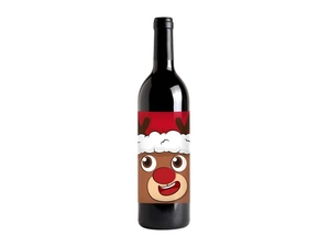 Close-up of reindeer themed Christmas wine label with festive red hat and gold foil details