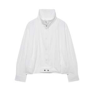 White linen bomber jacket with silver metal buttons and mandarin collar for women