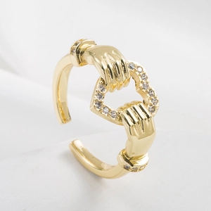 18K gold plated heart ring with zircon stones and adjustable open band for women
