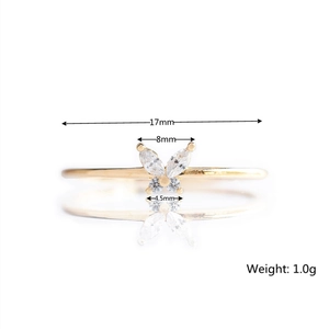 Detailed size chart of a golden butterfly ring with cubic zirconia and 17mm diameter