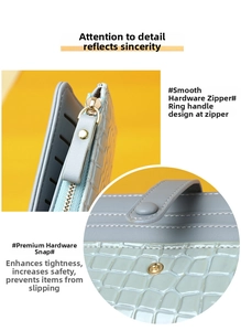 Close-up of golden hardware zipper and crocodile pattern leather on women long wallet
