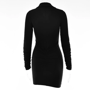 Detailed back view of a black long-sleeve bodycon dress with ruching on white background