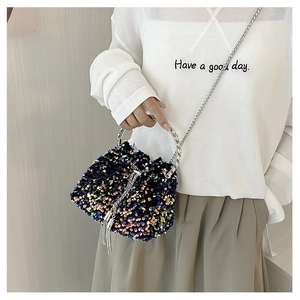Close-up of sparkling sequin bucket bag with metal chain and circular handle