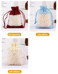 Detailed view of linen drawstring jewelry pouches with mesh windows in multiple colors
