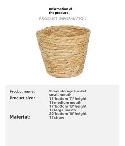 Size chart for woven straw storage baskets showing small, medium, and large dimensions