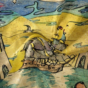 Close-up of vintage illustration print on lightweight bohemian tapestry fabric with drapes