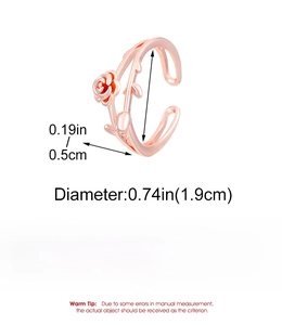 Detailed dimension guide for rose gold flower open ring with weight and material specs