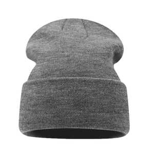 Unisex grey ribbed knit beanie hat with a warm fold-over cuff for winter outdoor wear
