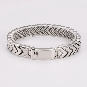 Detail of silver stainless steel herringbone link bracelet with secure square clasp