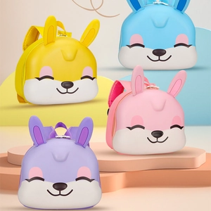 Cartoon rabbit children backpacks in yellow, blue, pink and purple on tiered stands