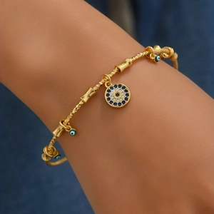 Evil Eye Bangle Bracelet For Women Gold Plated Alloy Adjustable Open Cuff Turkish Eye Rhinestone Charm Ethnic Jewelry