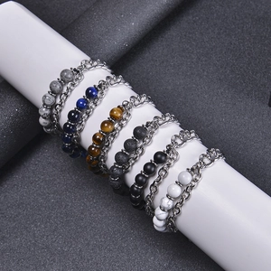 Mens double-layered tiger eye natural stone beaded bracelets with silver steel chains