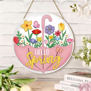 Hello Spring Wooden Door Sign Round Floral Umbrella Pattern Hanging Plaque With Hemp Rope For Garden Porch Wall Decor