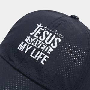 Close-up of black breathable mesh baseball cap with Jesus Saved My Life print