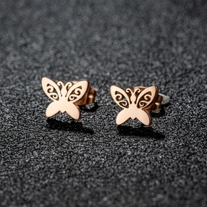 French vintage rose gold butterfly stud earrings with elegant hollowed-out wings design