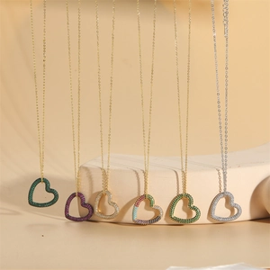Heart Pendant Necklace Copper Colorful Cubic Zirconia Micro Pave Hollow Design Fashionable Jewelry Gift For Women