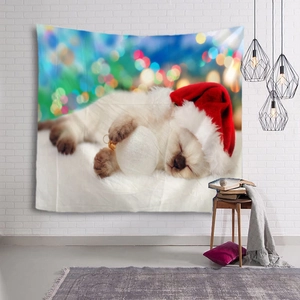Christmas hanging tapestry featuring a cute white kitten sleeping with a red holiday hat