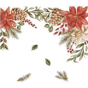 Détail de stickers de Noël avec poinsettia, pommes de pin et baies rouges