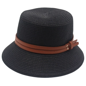 Classic black straw bucket hat with dark brown leather belt trim for sun protection