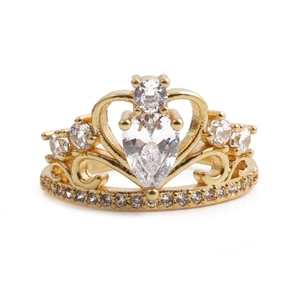 Elegant rose gold tiara ring with teardrop zircon center and pavé diamond band