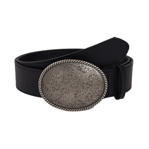 Punk style black leather belt featuring vintage silver floral engraved buckle detail