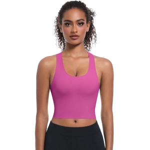 Vue de face du soutien-gorge de sport sans couture rose avec larges bretelles