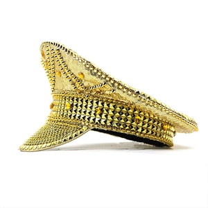 Gold sequined bride captain hat with spikes and amber gems for wedding party punk style