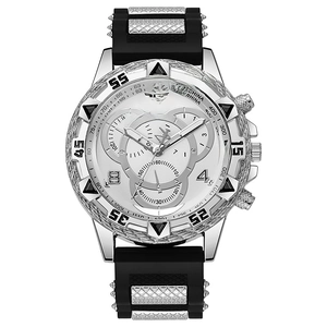 Men's sports quartz watch with silver metal case and black silicone strap on white background