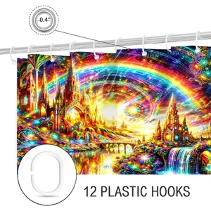Detail showing rustproof 0.4 inch metal eyelets and 12 plastic hooks for shower curtain