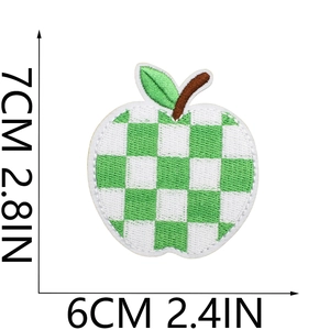 Artistic green checkered apple embroidery patch with clear 7cm x 6cm size dimensions