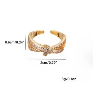 Crossed golden open ring with micro-inset zircons, product dimensions and weight