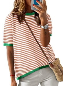 Detail of summer knit t-shirt featuring orange stripes and green ribbed collar and edges