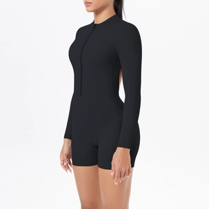 Detail of back cutout and front zipper on black long sleeve athletic bodysuit