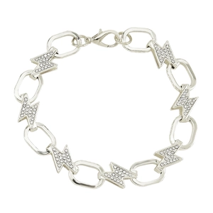Detail of silver lightning bolt pendant necklace with shimmering crystal rhinestones