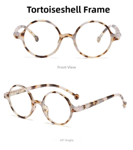 Detailed front and 45-degree angle views of vintage round tortoiseshell optical frames