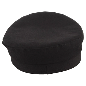 Top view of a structured black newsboy cap in twill fabric showing flat top and brim