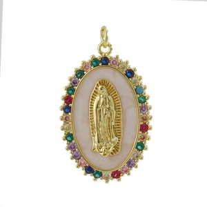 Gold plated Virgin Mary pendant with colorful zircons and pink mother-of-pearl base