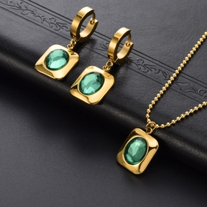 Elegant Green Zircon Jewelry Gold Plated Stainless Steel Necklace And Earrings For Women Vintage Palace Style