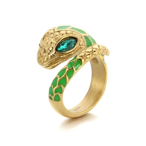 Gold stainless steel snake ring with green enamel finish and emerald green gemstone eyes