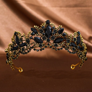 Baroque black crystal tiara with vintage gold alloy base for wedding and gothic bridal look