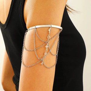 Silver multi-layer chain upper arm cuff featuring sparkling round crystal charms