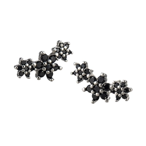 Silver flower stud earrings with black cubic zirconia in a cluster design