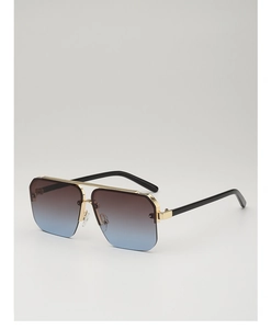 Detail of square gradient lenses with gold metal double bridge and rimless top frame