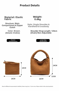 Size chart showing dimensions of brown woven bucket bag and matching zipper clutch set