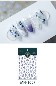 Detail of blue daisy nail stickers with 3D effect shown on nails and in packaging