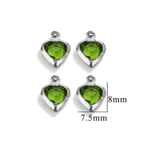 Set of four 7.5x8mm heart-shaped green crystal pendants in silver stainless steel finish