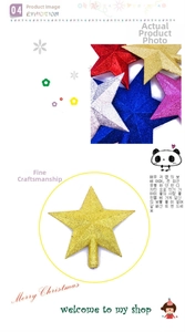 Detail of multi-color glitter Christmas tree star toppers in gold, red and silver