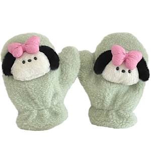 Cute Pochacco cartoon light green plush mittens with pink bow for winter warmth